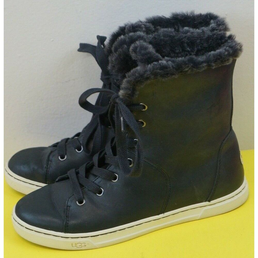 UGG CROFT LUXE QUILT BLACK LEATHER SHEARLING ANKLE BOOTS #1013908 SIZE 6.5